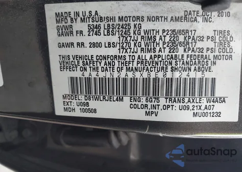 2011 Mitsubishi Endeavor z USA, uszkodzony, nr VIN 4A4JN2ASXBE012415